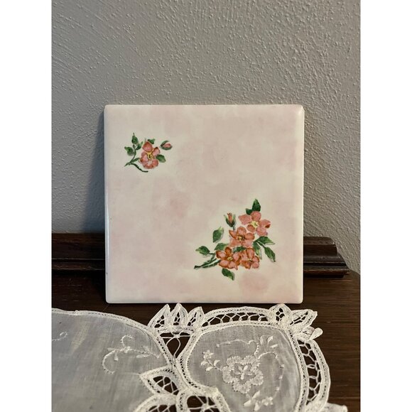 Vintage Handpainted Ceramic Tile with Roses - Picture 1 of 5